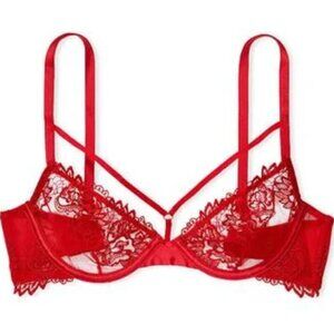 New! Victoria’s Secret Red Embroidered Mesh Strap Low-Cut Demi Bra 10297